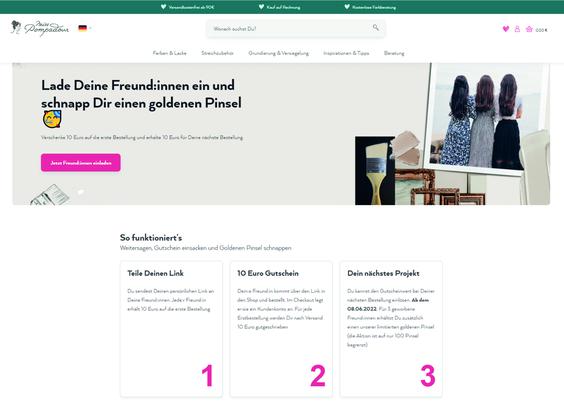 In der App und seinen Onlinekanälen bietet MissPompadour viel Content mit Tipps und Beratung rund um die Verschönerung des eigenes Zuhauses. Nicht nur Farben verkauft das Unternehmen, sondern auch das Zubehör. Den goldenen Pinsel gab es bei einer Aktion zum (Bild: Misspompadour)