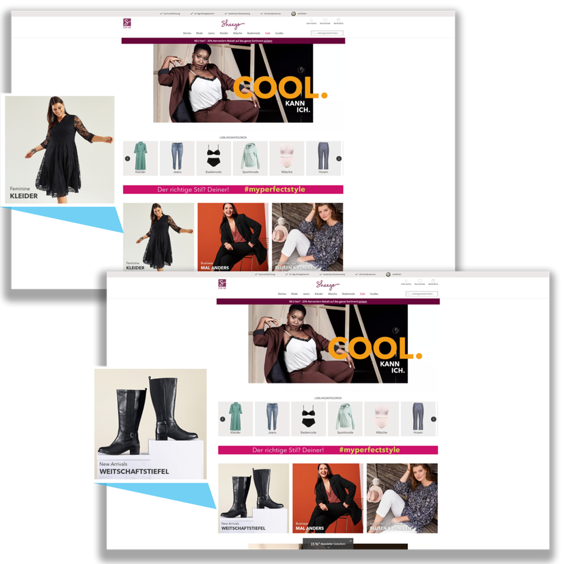 Startseitenpersonalisierung mit Austausch von Teaserflchen nach Interesse (Stiefel/Kleider) bei Sheego. (Bild: Sheego)