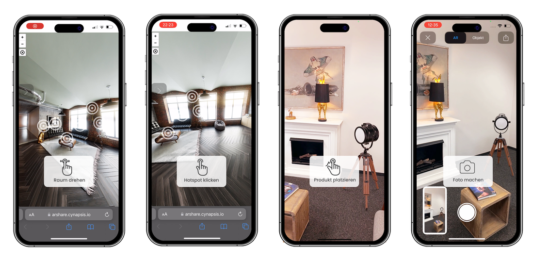 Im 360-Showroom von Werns (links) lassen sich alle Objekte in einer 3D-Ansicht betrachten und auswhlen. Anschlieend knnen sie in einer AR-Ansicht in den eigenen vier Wnden platziert werden (rechts). Die Anwendung startet im Browser ber den QR-Code, ohne dass eine App installiert werden muss und funktioniert auf jedem modernen Handy. Ausprobieren! (Bild: Cynapsis Interaktiv)
