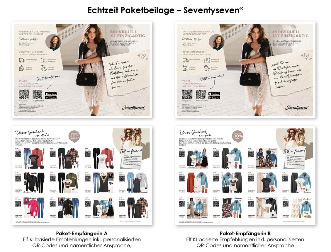 Das jngste Programmatic-Printing-Projekt von Seventyseven sieht individualisierte Paketbeilagen vor, mit denen die AdressatInnen namentlich angesprochen werden, um ihnen elf komplette Outfits vorzustellen. Erstellt werden die Empfehlungen mit einer auf Print spezialisierten Recommendation Engine von Smartcom. (Bild: Smartcom)