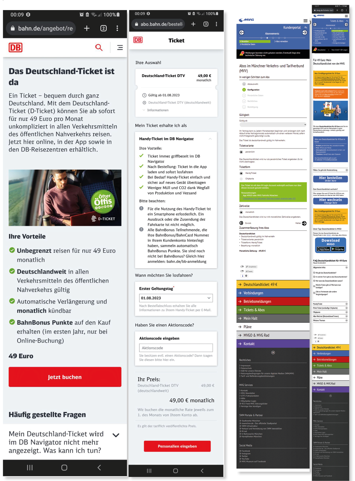 Bei Bahn.de habe ich eine Landingpage mit &#34;Jetzt buchen&#34; und eine zweite Seite, wo ich die Gültigkeit eingebe, bevor es zur Personalisierung geht. Klarer Checkout, der schnell geht. Anders bei der MVG: Hier habe ich nicht nur eine unendlich lange erste Seite sondern auch die Checkout-Seite strotzt mit Sonderevents, Specialangeboten und Extraeinstellung. (Bild: ONEtoONE)