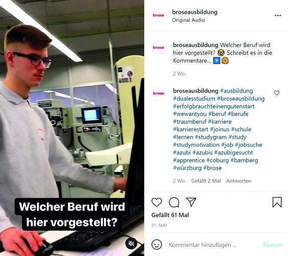 Die beliebte Methode, seine NutzerInnen Ausbildungsberufe erraten zu lassen, hat Brose auf Instagram per Video umgesetzt. (Bild: BROSE)