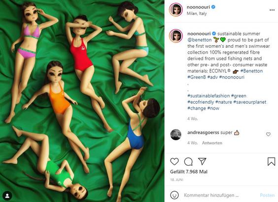 Nonnoori prsentiert Bademode von Benetton. (Bild: Noonoouri, Instagram, Benetton)