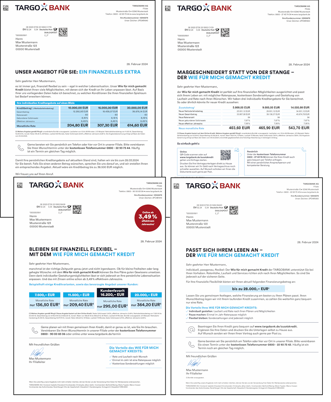 Kreditangebote verschickt die Targobank nach den individuellen Anforderungen der Kundinnen und Kunden. Mglich wird dies mit der Programmatic-Printing-Technologie, die von dem Lettershop-Dienstleister SDV bereitgestellt wird. Mglichkeiten zur Personalisierung bieten neben der individuellen Ansprache mit Namen und Adresse der EmpfngerInnen vor allem die einzelnen Kreditkonditionen wie Laufzeit, Kredithhe und Laufzeitvereinbarung, aber auch der Kontakt zu den jeweiligen persnlichen AnsprechpartnerInnen in den Filialen. Mit Druckauflagen von bis zu 150.000 Stck pro Aussendung erzielen die Programmatic-Printing-Briefe Konversionsraten, die bis zu 100 Prozent ber jenen anderer Werbemanahmen der Targobank liegen.  Angestoen wird die hohe Resonanz der Werbemailings durch Online- und TV-Werbung.  Verschickt wird wegen der vorliegenden Datenmenge an Bestandskunden, also an Menschen, die bereits einen Kredit bei der Targobank laufen haben. KundInnen ohne Kredit erhalten weniger stark personalisierte Angebote, da es bei ihnen an gengend Daten fehlt. (Bild: Targobank)