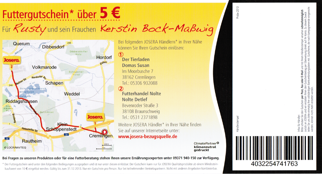 Josera Futtergutschein mit Route (Bild: Josera)