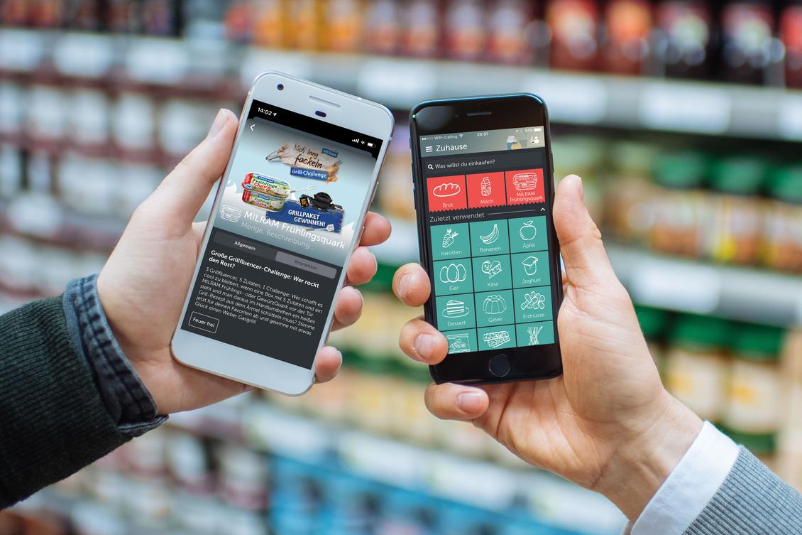 Push am PoS fr Milram mit Gewinnspiel und eigener Produktkachel in der Einkaufs-App Bring. (Bild: DMK Deutsches Milchkontor GmbH/Bring)