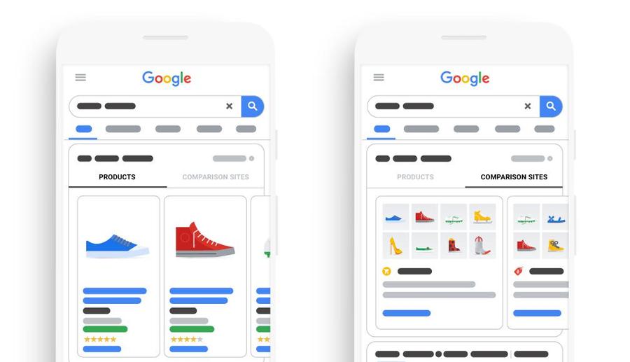 Comparison Listing Ads bei Google (rechts) stellen verschiedene Produkte von einer Vergleichsseite im Rahmen einer Ad nebeneinander. Die bisher gewohnte Ansicht stellt verschiedene Produkte nebeneinander, die mal von einem Shop, mal von einem Vergleicher, mal von Google stammen (links).